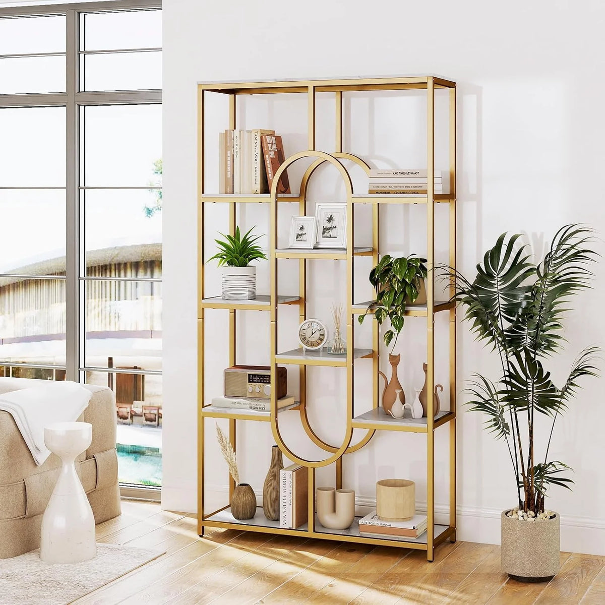 HOMASIS Librería 5 Niveles de Madera, Marco Metálico, Estante de Pared con Estanterías Abiertas, Mueble de Almacenamiento para Sala de Estar, Oficina, 86 x 30 x 175 cm (Dorado)
