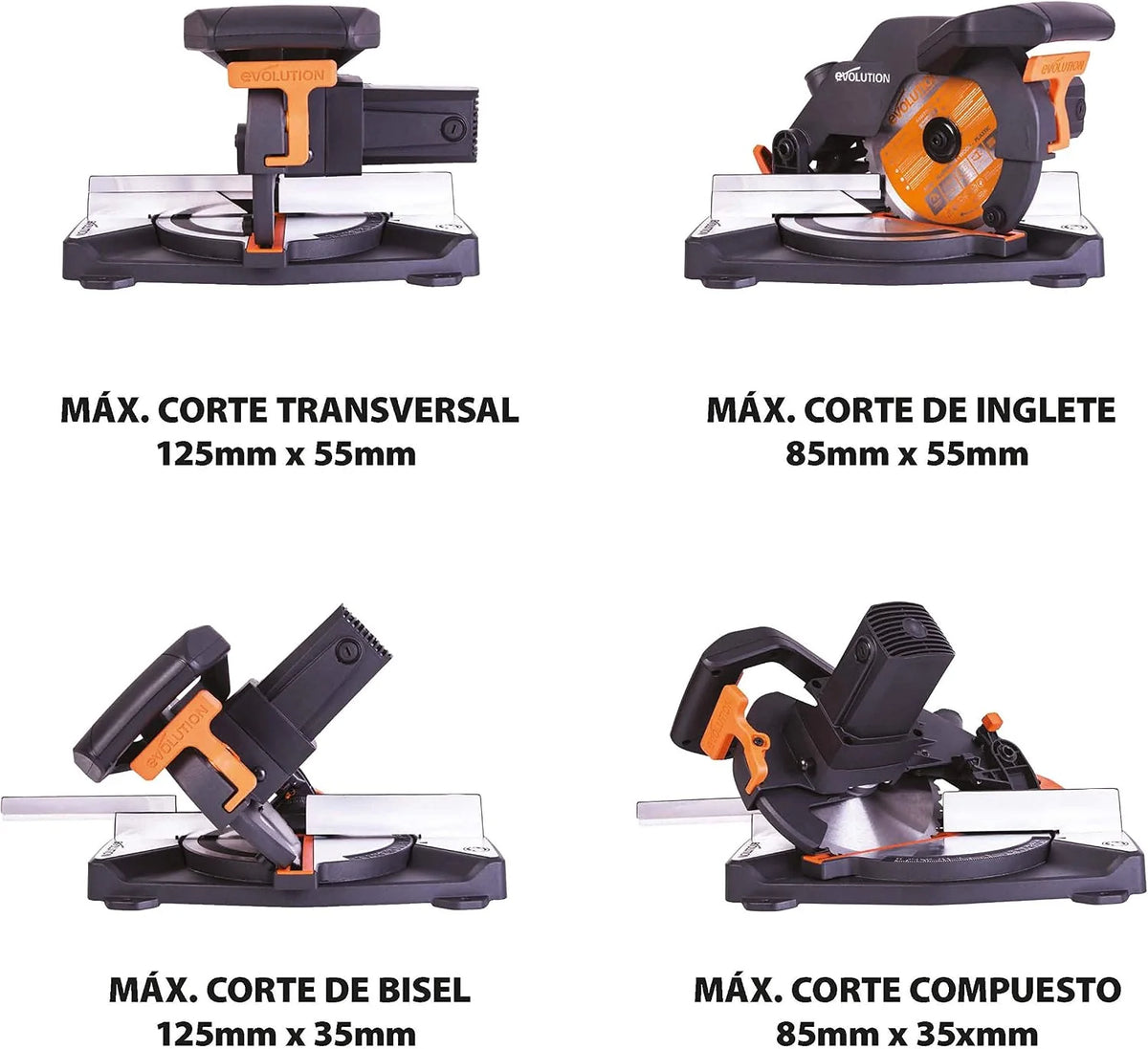 Evolution Power Tools R210CMS Multimaterial Sierra Ingletadora - Corta acero dulce, aluminio, plástico, madera con clavos incrustados, 210 mm