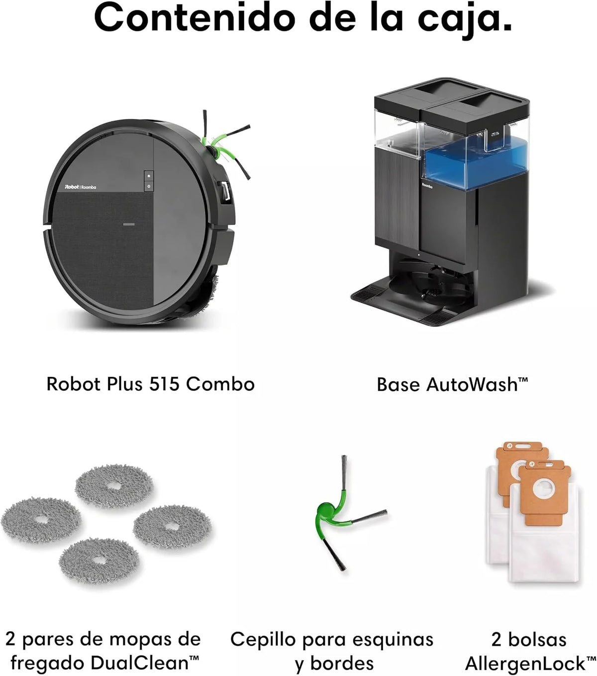 iRobot Roomba Plus 516 Combo Base AutoWash multifunción autolimpiable, 22KPa, Mopas DualClean Elevables y Extensible, Lava 75º, Seca 45º, Clearview LiDAR, Autonomía 90 Días, Accesorios Extra, Negro