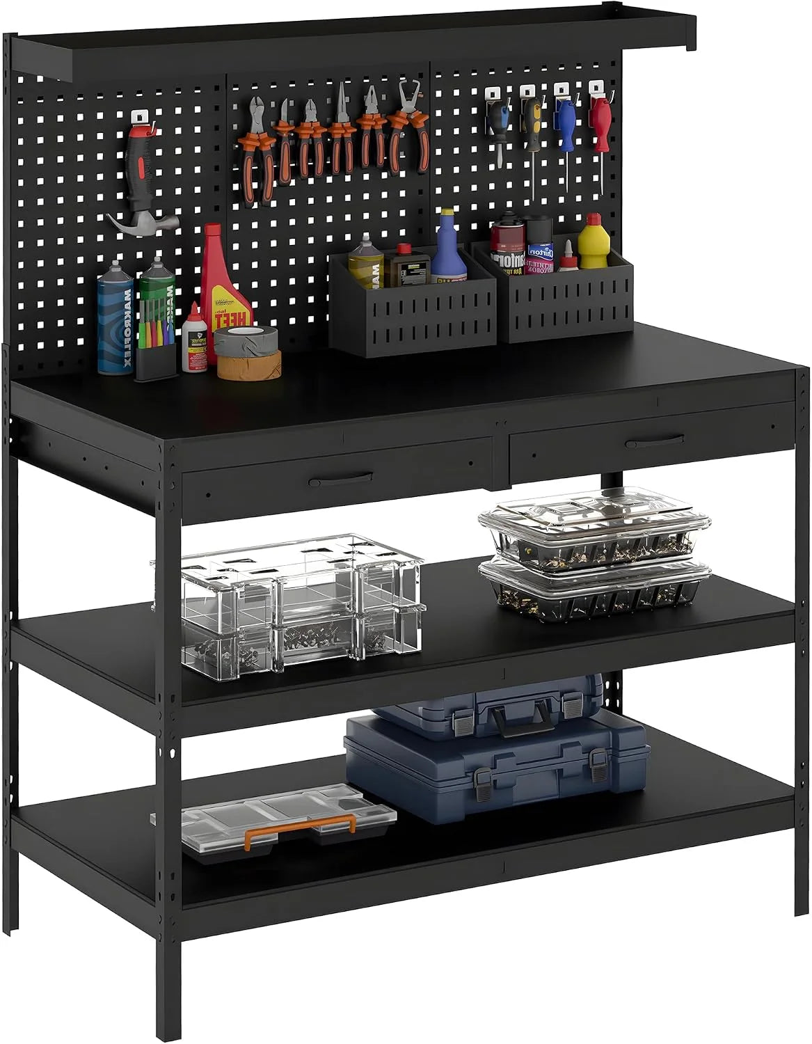 HOMCOM Banco de Trabajo 122x61x156 con Panel Perforado, 2 cajones, 272kg