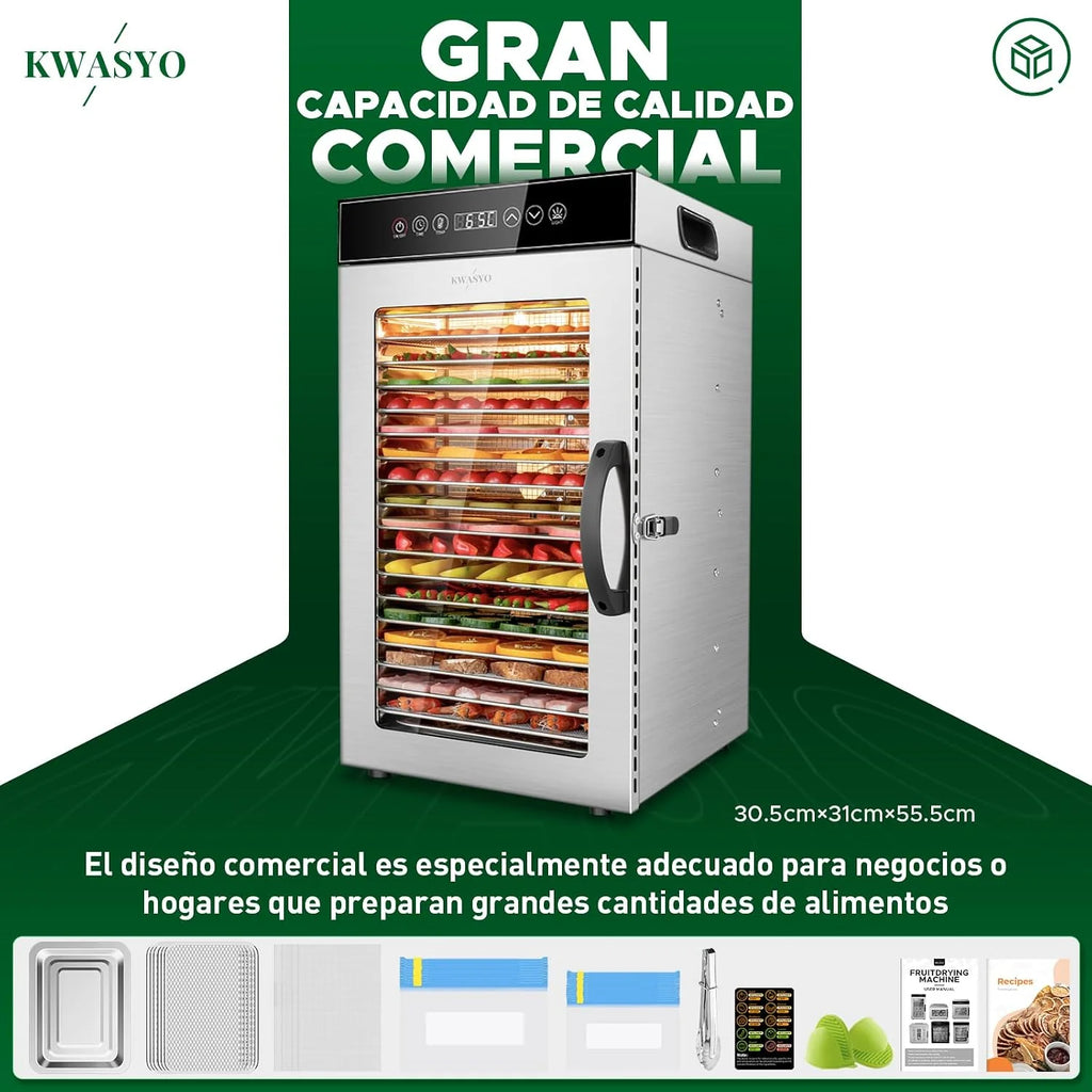 Kwasyo Deshidratador de Alimentos Comercial 18 Bandejas, 800W Deshidratador de Acero Inoxidable con Circulación de Aire 360°, Gran Capacidad para Carne, Frutas, Verduras, Hierbas