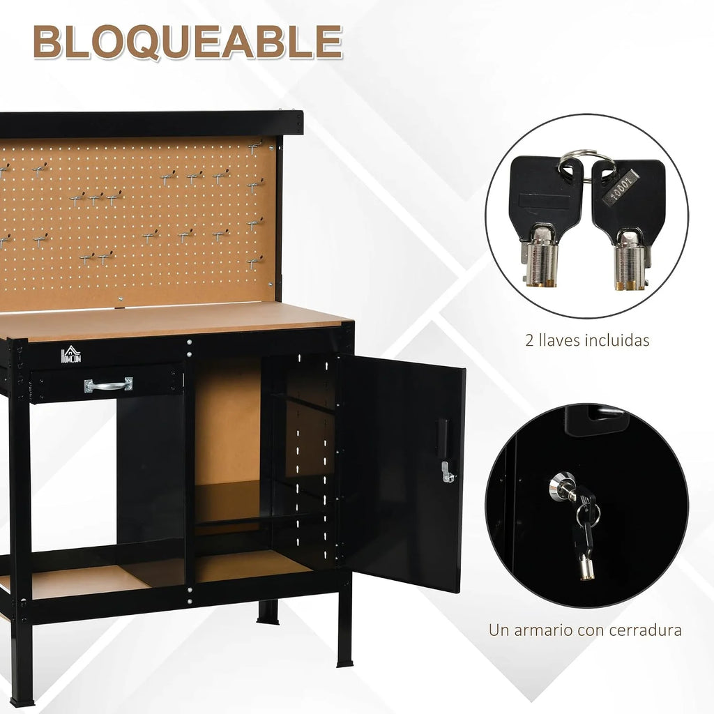 HOMCOM Banco de Trabajo 98,5x48x140 cm Carga 100 kg Mesa de Banco Negro