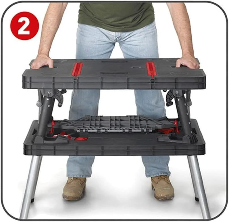 Keter- Mesa de herramientas plegable; 85 x 55,5 x 11,2 cm (cerrado) - 91 x 55,5 x 75,5 cm (abierto); Resistencia 450 Kg; Color negro