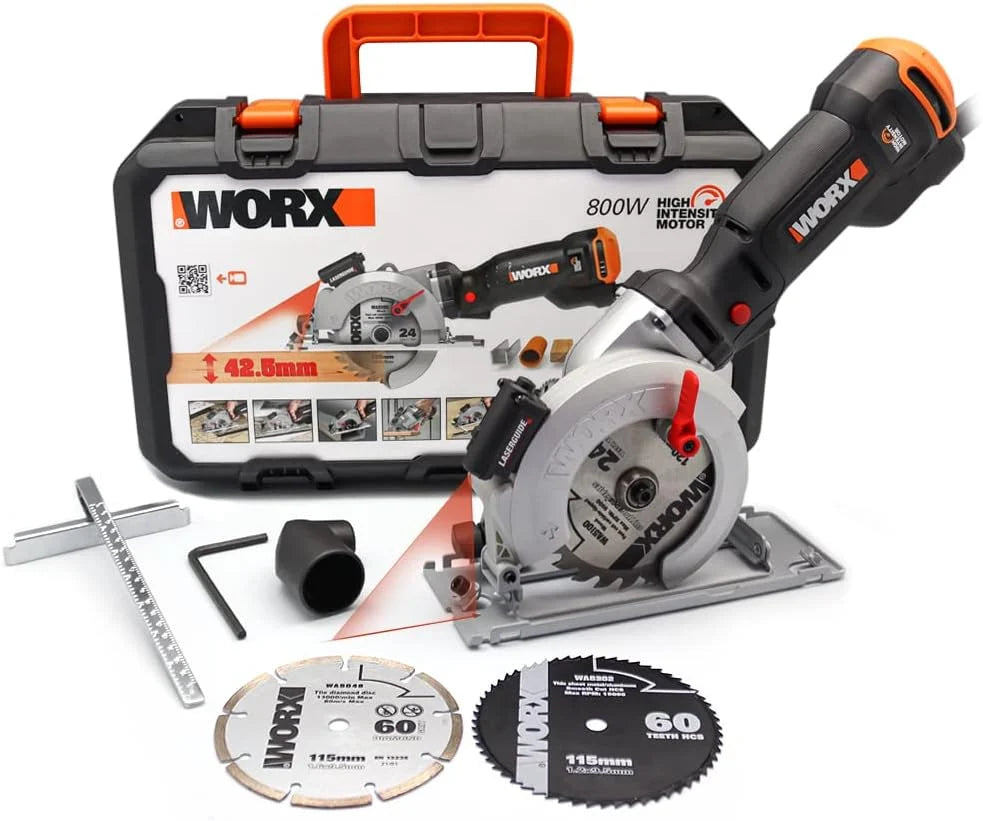 WORX Sierra circular WORXSaw XL 46mm, 800W | WX437 | Guía láser, sistema de aspiración integrado, rápido ajuste de profundidad, cambio de disco sencillo