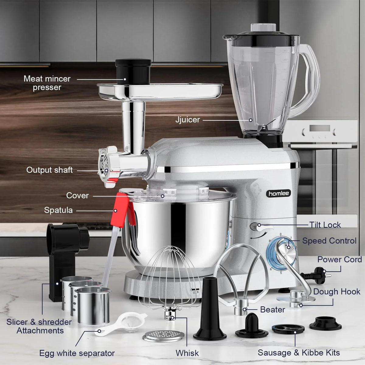 Homlee 3 In 1 Robot De Cocina con Picadora De Carne y Batidora,2000W Amasadora Multifunción, 5.5L Cuenco De Acero Inoxidable,1.5L Exprimidor De zumo, 6 Niveles De Velocidad