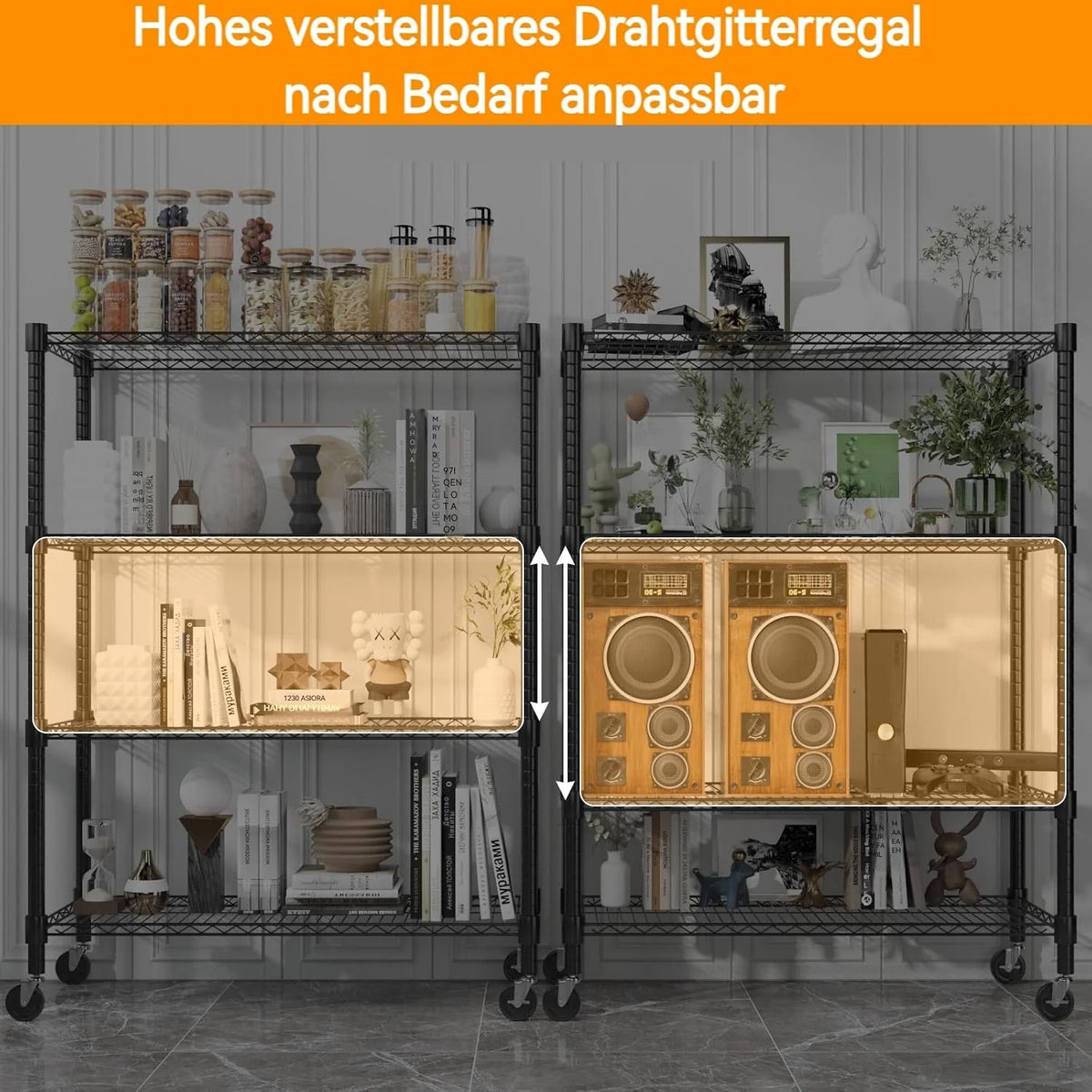 Himimi Estantería de Alambre de 4 Niveles con Ruedas y Pies Niveladores, Altura Ajustable, Estante de Almacenamiento Metálico para Cocina, Baño, Sala de Estar, Capacidad de 500 kg, 90*45*183 cm, Negro