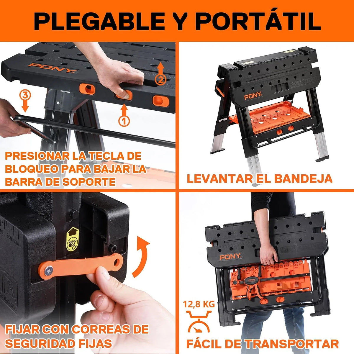 PONY Banco de Trabajo 2 en 1 Plegable, Mesa de Trabajo hasta 454 kg