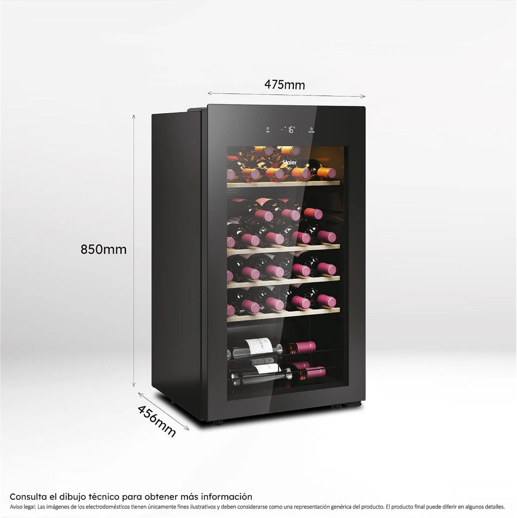 Haier Wine Bank 50 Series 3 HWS34GGH1 - Vinoteca 34 botellas, WIFI, Estantes de madera, Cristal Anti-UV, Filtro de carbón, Display Digital, Iluminación LED, Silenciosa 37 dbA, Negra