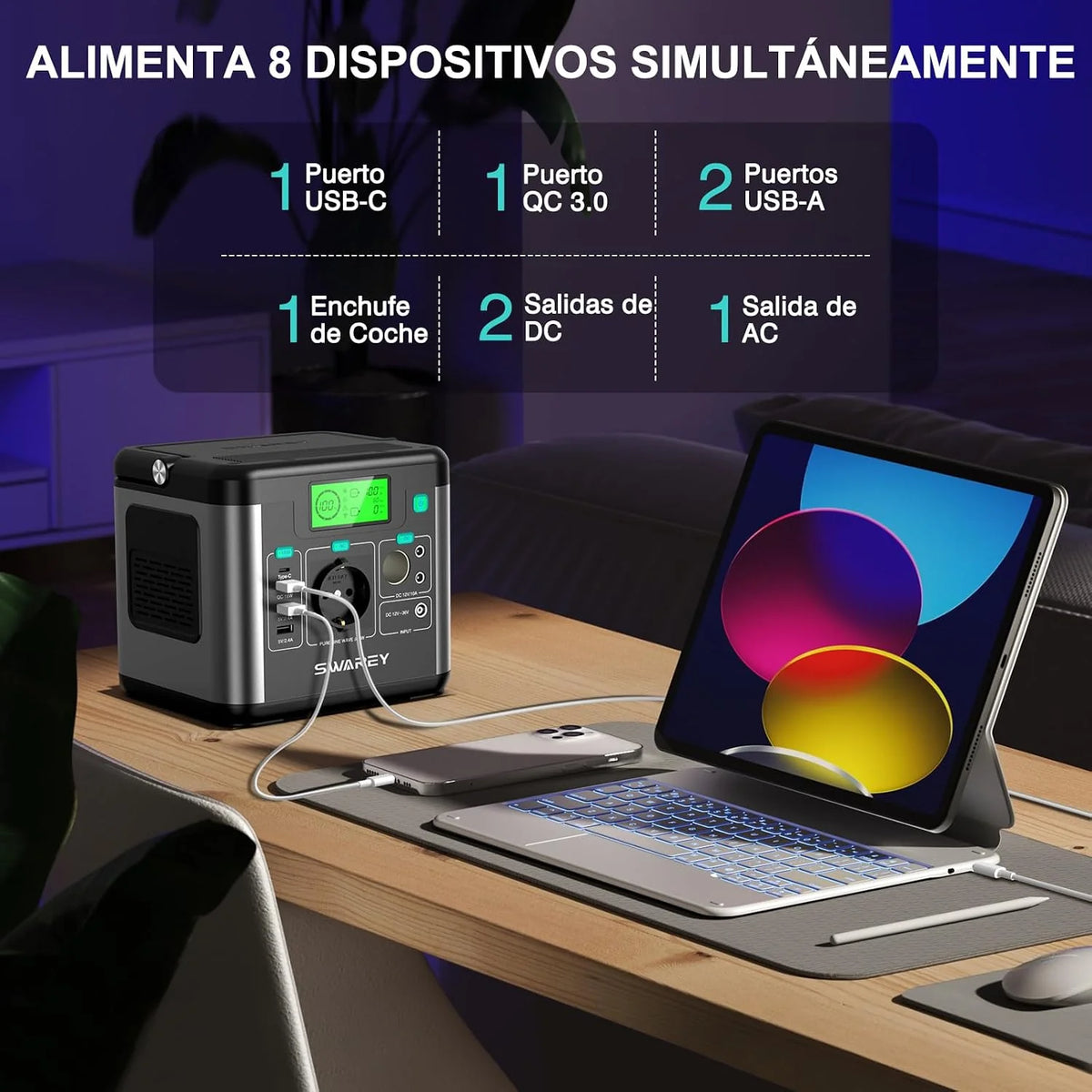 Generador Solar Portátil S160, 222Wh Estación de Energía, Salida de CA de 300W (Pico de 600W), Puerto USB-C de 65W, Batería Externa para Camping, Viajes, Pesca, RV