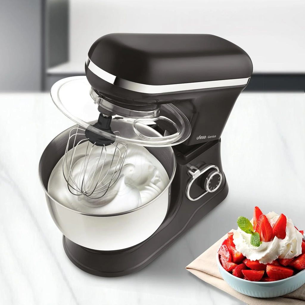 Ufesa Genius Batidora Amasadora 5 en 1 para Repostería Profesional, 1200W, 5L, Robot Cocina Multifunción, Bol en Acero Inoxidable, 6 Velocidades + Turbo, 3 accesorios incluidos, Sin BPA