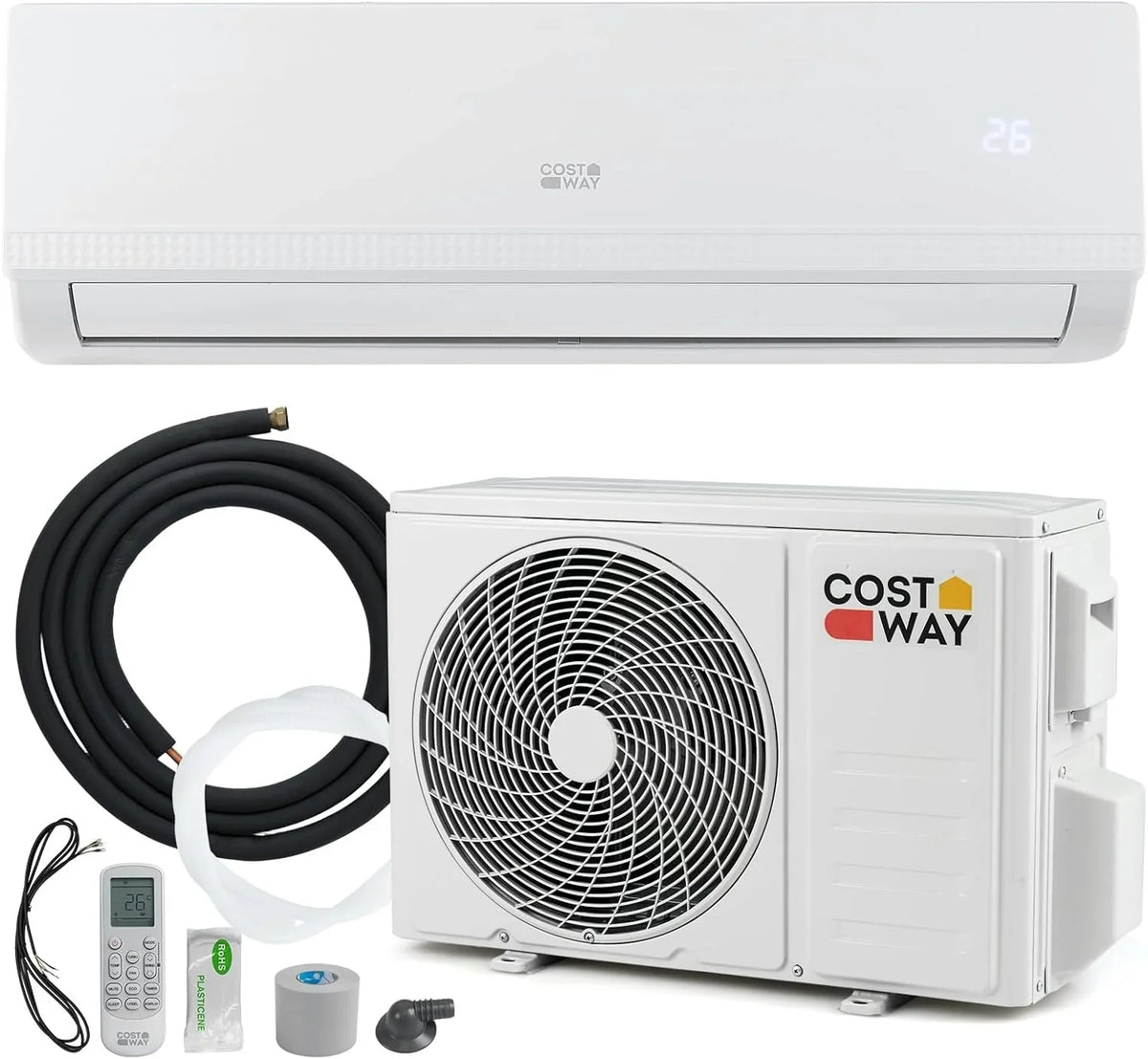 COSTWAY Aire Acondicionado Split, 2,6 kW, Aire Acondicionado con Calefacción con Bomba de Calor,Refrigerante: R32, Calefactor y Refrigerador con Kit de Instalación para Habitación hasta 70m³ (9000BTU)