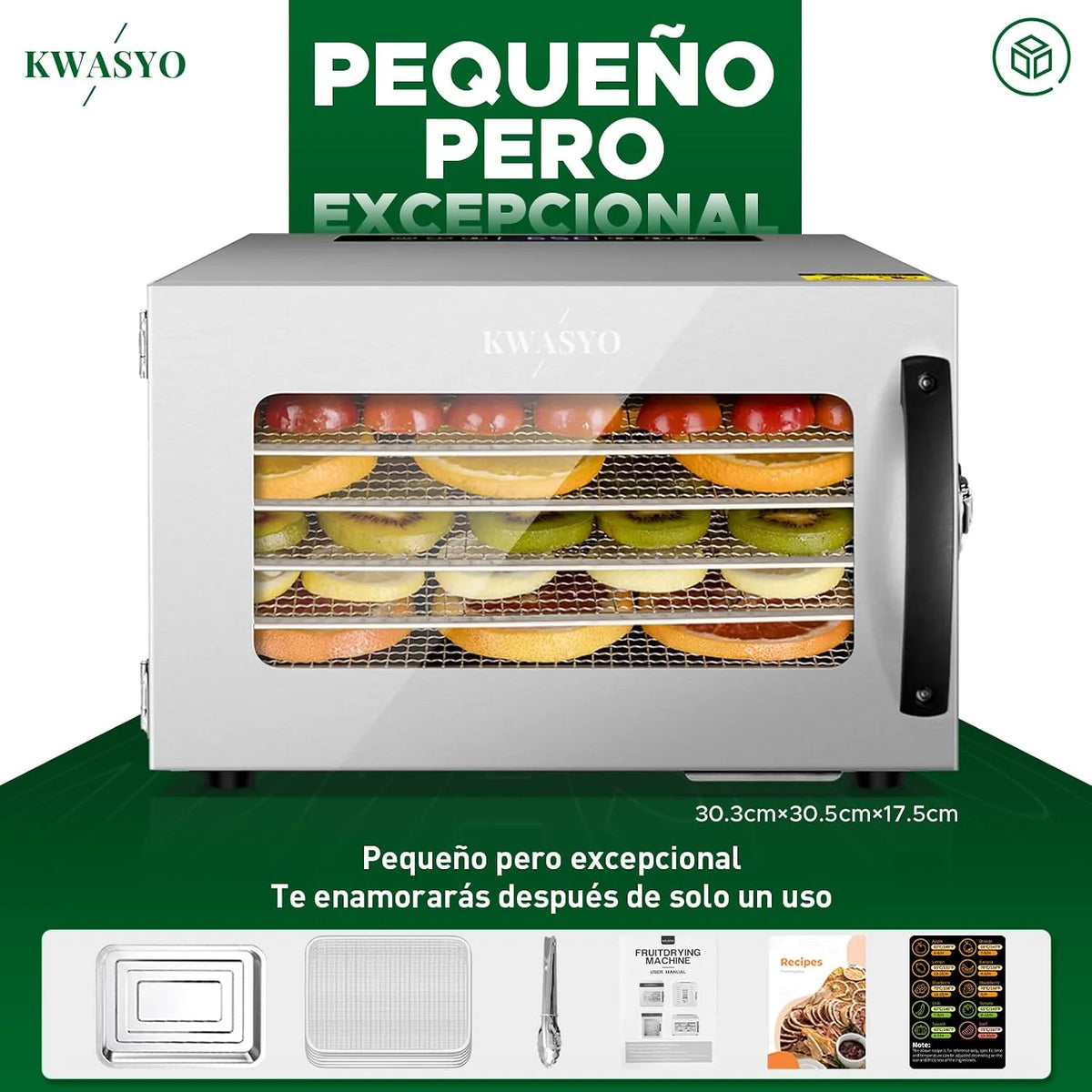 Kwasyo Deshidratador de Alimentos con 6 Bandejas Acero Inoxidable, Temporizador de 24 Horas, Temperatura Regulable 30~90℃, Pantalla LCD, 400W Deshidratador Alimentos de Frutas y Verduras, Libre BPA