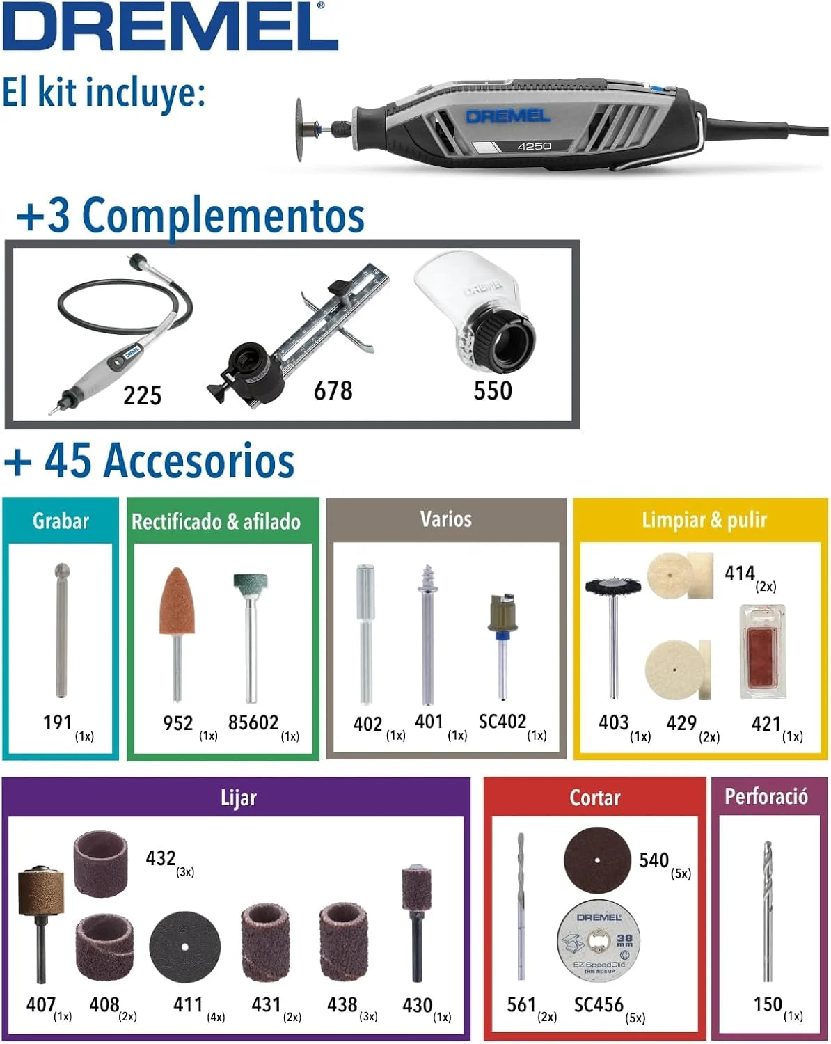 Dremel 4250 Herramienta rotativa de 175 W, kit multiherramienta Amazon Exclusive con 3 complementos y 45 accesorios, motor 175 W con retroalimentación electrónica, velocidad variable 5000-35 000 rpm