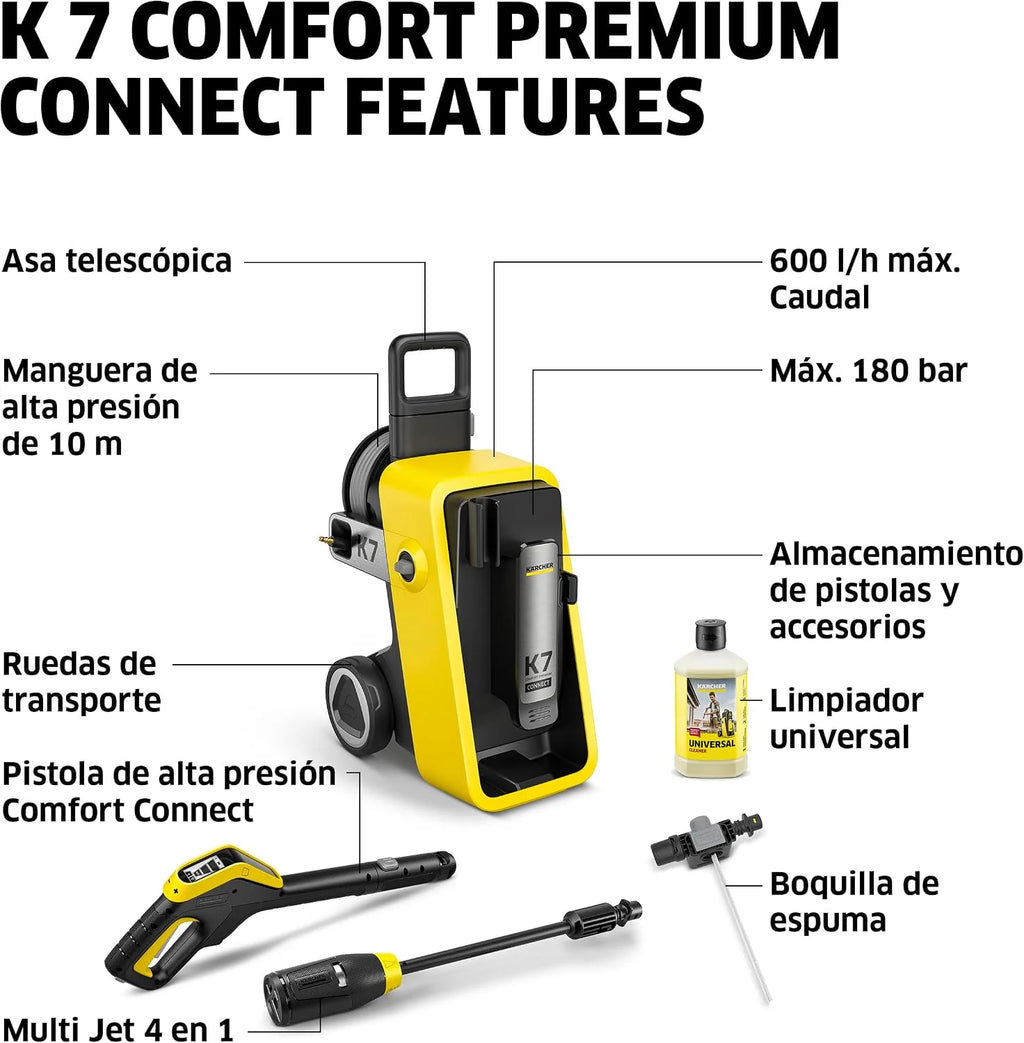 Kärcher hidrolimpiadora K 7 Comfort Premium Connect, presión: máx. 180 Bar, caudal: 600 l/h, área: 60 m²/h, Manguera de Alta presión, Tambor para Manguera, Control Mediante App