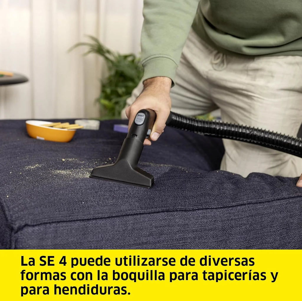 KÄRCHER Lava-aspiradora SE 4, Manguera de aspiración con pulverizador, depósitos de 4 l, boquillas de Lavado, de Clip y para tapicerías, con Accesorios para Suelos Duros y alfombras