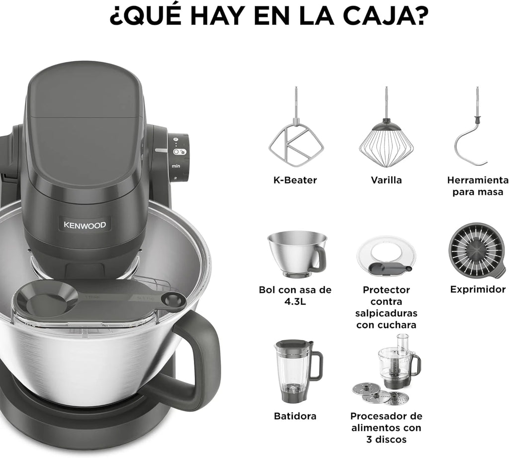 Kenwood Multi Tasker – Amasadora Multifunción con Batidora de Vaso y Procesador de Alimentos, Robot de Cocina 1,7 kg de Masa para Pan y Pizza, Tapa Antisalpicaduras, Gris (KHC30.050GY)