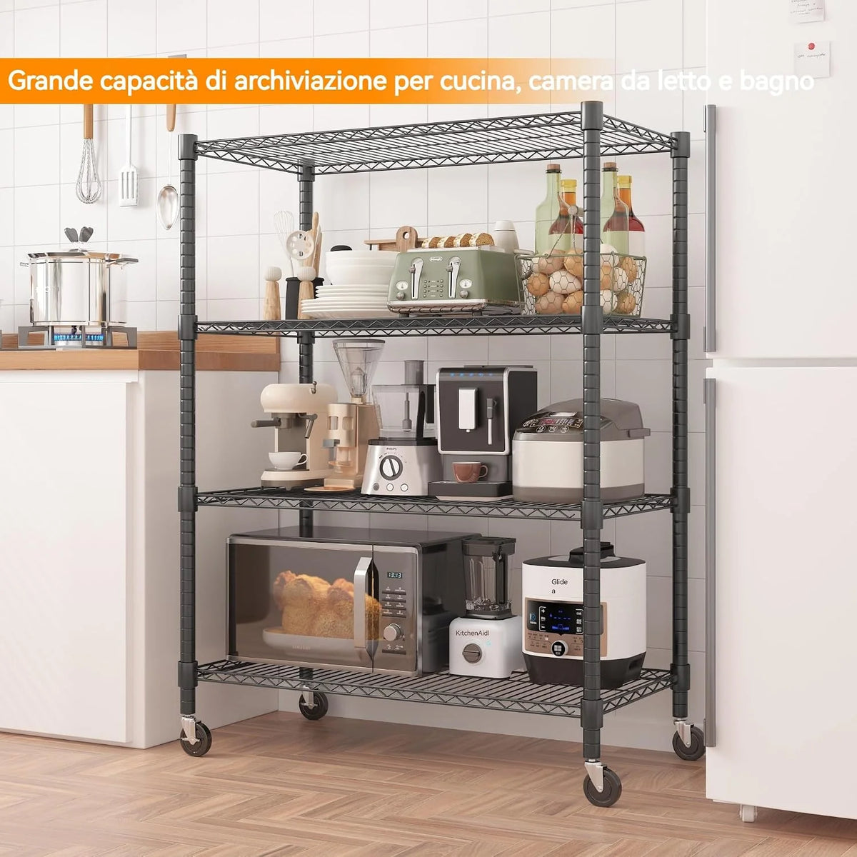 Himimi Estantería de Alambre de 4 Niveles con Ruedas y Pies Niveladores, Altura Ajustable, Estante de Almacenamiento Metálico para Cocina, Baño, Sala de Estar, Capacidad de 500 kg, 90*45*183 cm, Negro
