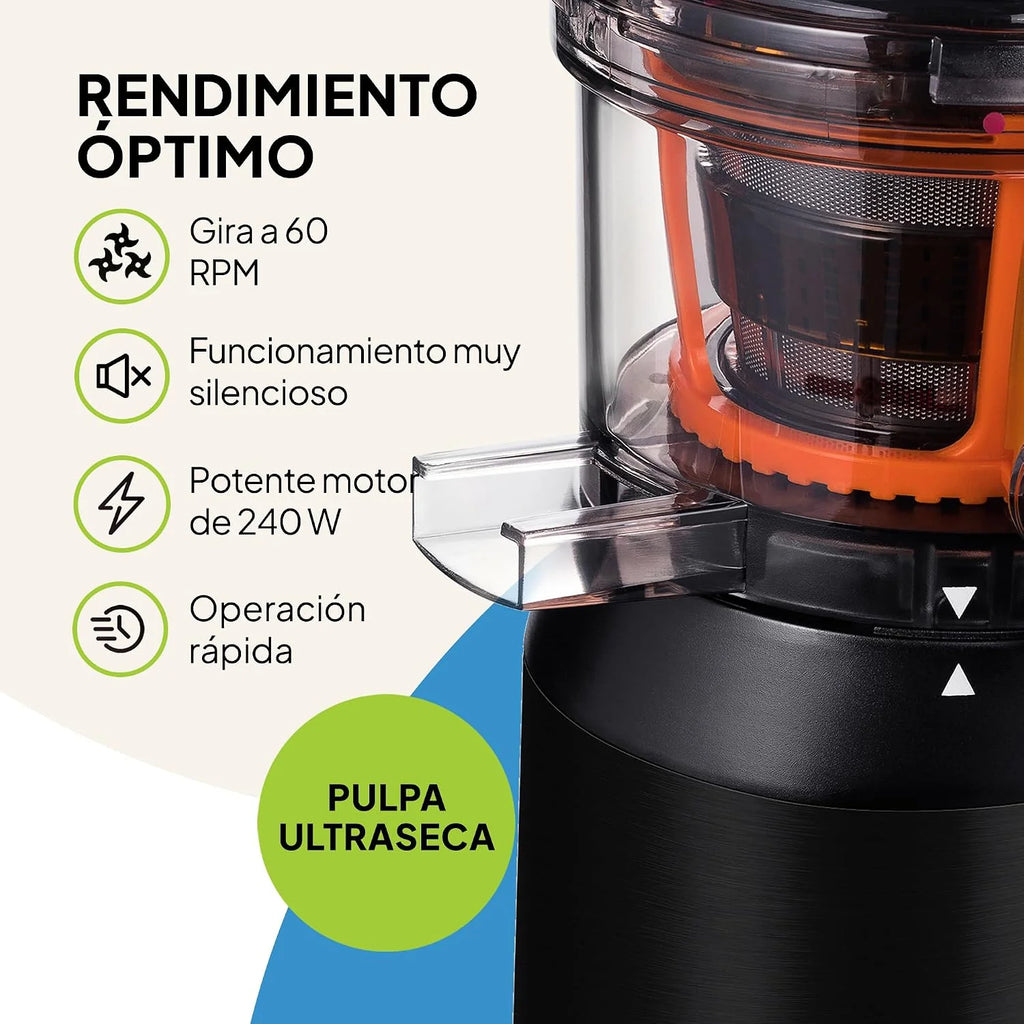 Fridja F1900 - Extractor de zumos para frutas y verduras, exprimidor lento de prensado en frío, exprimidor eléctrico sin BPA, 240W, con tamiz, grifo antigoteo, licuadora lenta que conserva vitaminas