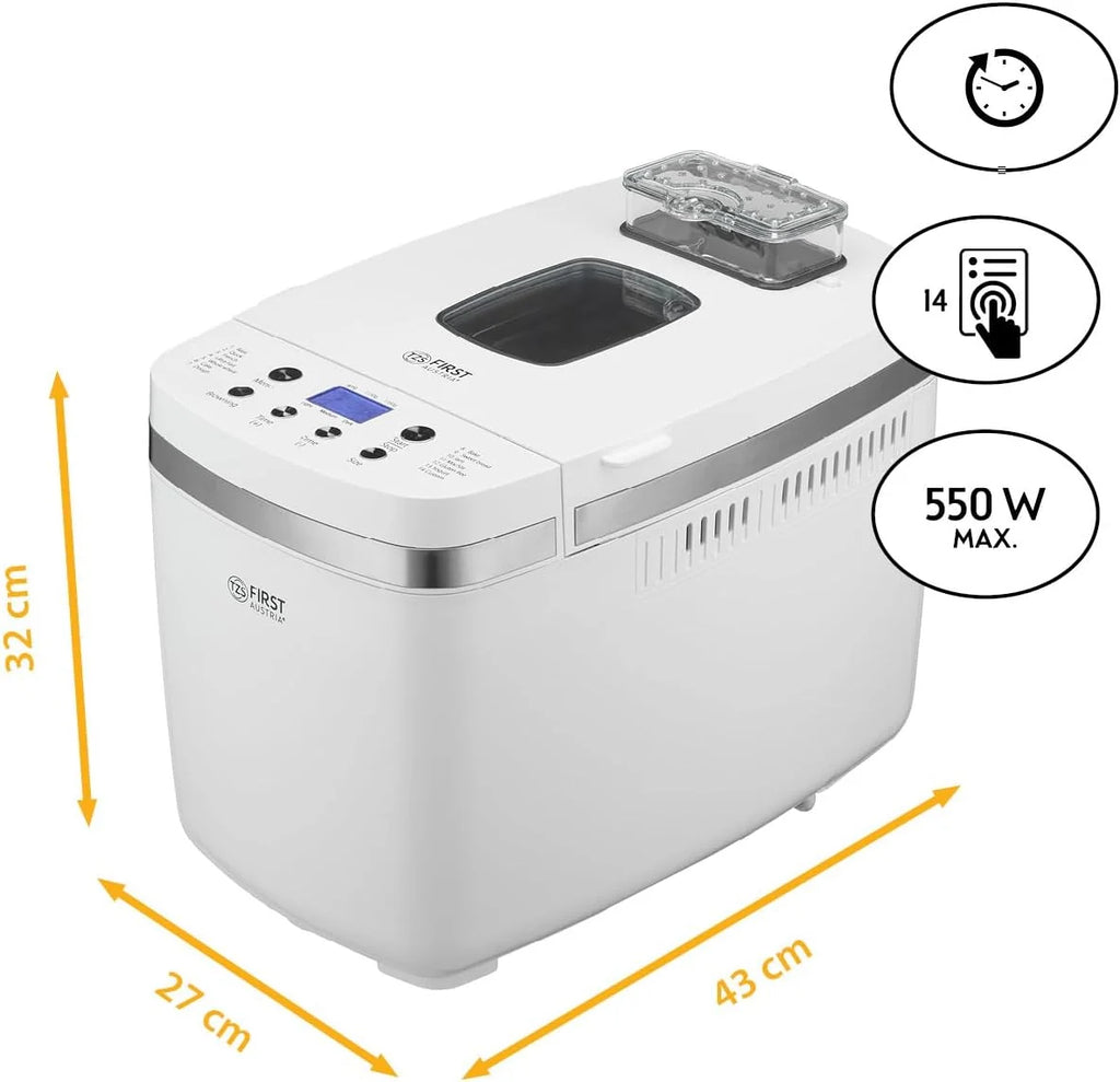 TZS First Austria - Panificadora 850W - Para panes de 900g y 1350g - 14 Programas automáticos - Tostado ajustable, Temporizador y Función mantener caliente