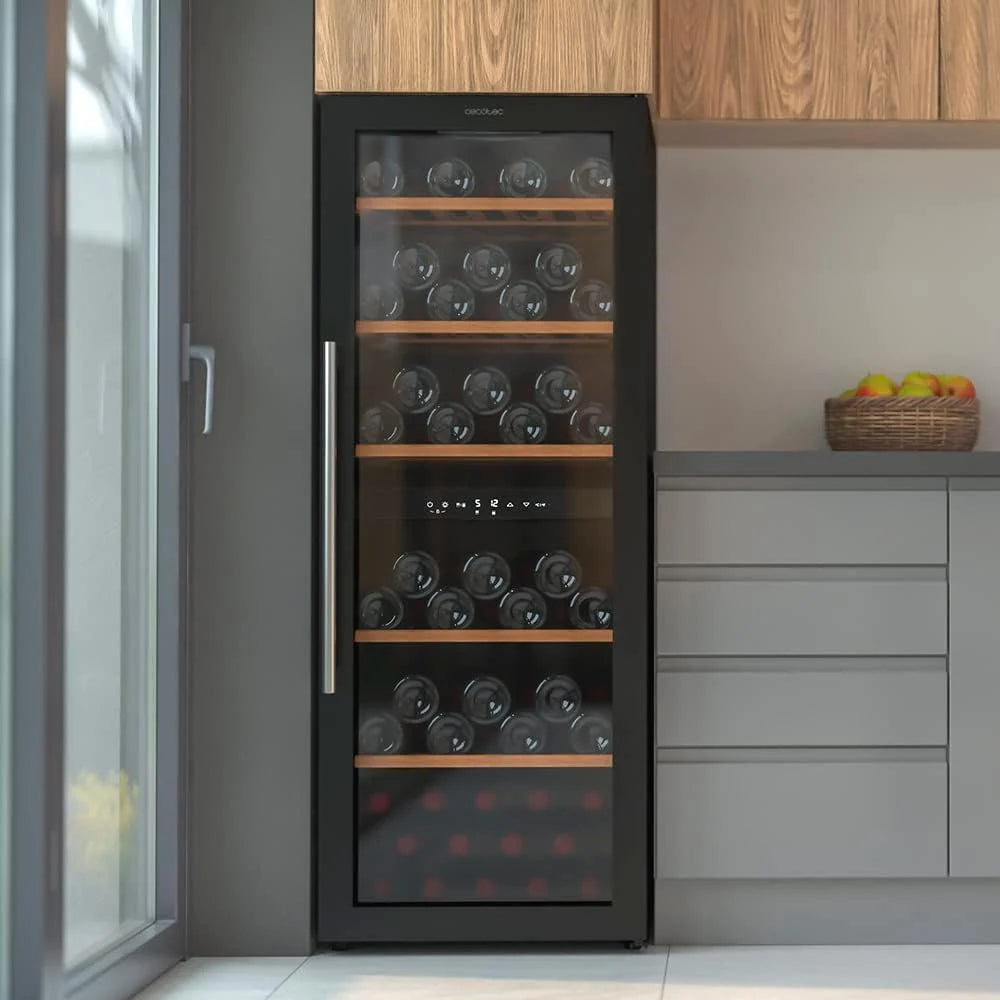 Cecotec Vinoteca de 98 Botellas Bolero GrandSommelier B98Black. 203 L, Sistema Compresor de Enfriamiento, Display, Control Táctil, Temperatura Regulable y Luz LED interior
