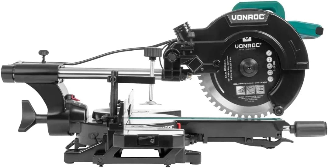 VONROC Sierra ingletadora - PRO - 2200W - 255mm - Multi-material - Con láser, luz LED y hoja de sierra de 48T