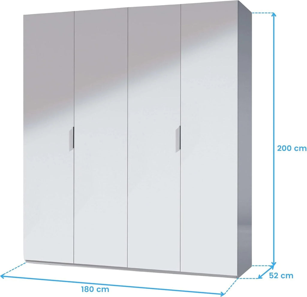 Habitdesign Wardrobe 4 Doors, 200 cm (H) x 180 cm (W) x 52 cm (D), Large Wardrobe 4 Doors, Gloss White