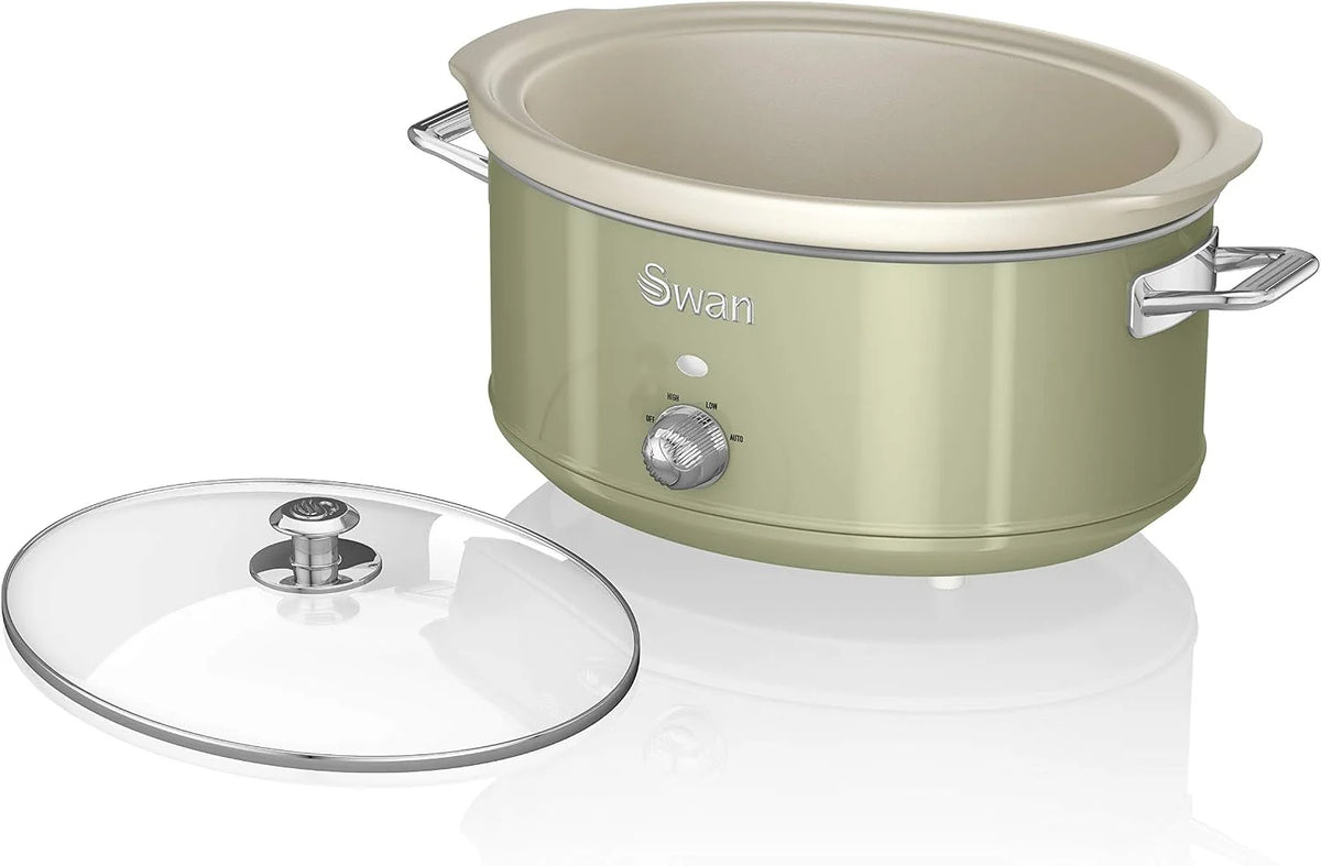 Swan Retro SF17031GNEU Olla Cocción Lenta 6,5L Recipiente Extraíble, Antiadherente Cerámica libre PFOA y PTFE, 3 Niveles Temperatura, Tapa Vidrio, Slow Cooker, Diseño Vintage, Verde, 320W