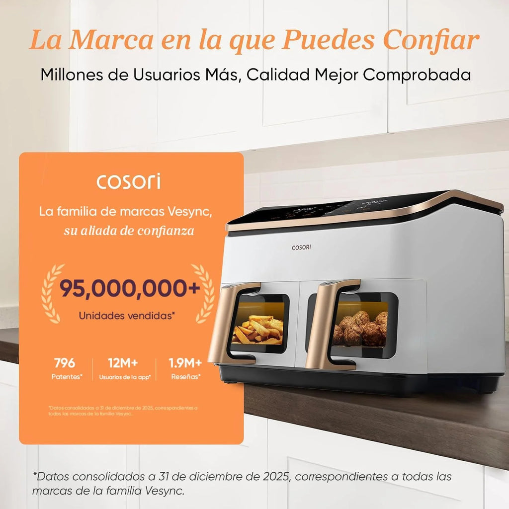 Cosori Freidora de Aire 8,5L, Doble Cesta con Ventana, 10 Funciones, Blanca