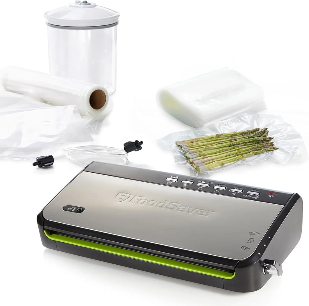 Foodsaver Envasadora al Vacío con almacenamiento de rollos integrado | Cortador de bolsas y modo para alimentos delicados | Incluye bolsas selladoras al vacío surtidas (FFS005X)