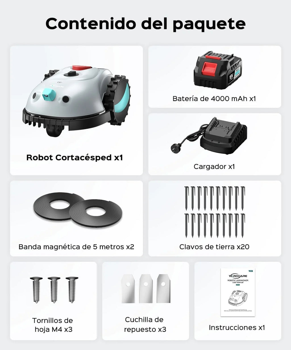 YARDCARE V100 Robot Cortacésped eléctrico con Navegación por Visión, Corte en Espiral, Detección de 150 Obstáculos, Robot Cortacésped Bateria hasta 150m², Robot Cortacesped con Cuchillas de Repuesto