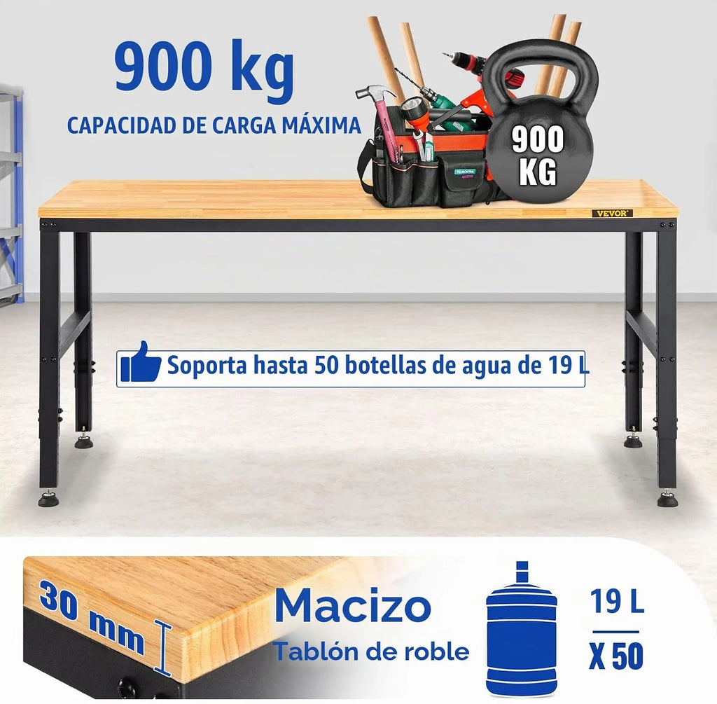 VEVOR Banco de Trabajo de Altura Ajustable, 135 cm de Ancho x 46 cm de Profundidad x 97 cm de Alto, Mesa de Garaje con 72-97 cm de Altura y Capacidad de Carga de 900 kg, con Tomas de Corriente, Parte