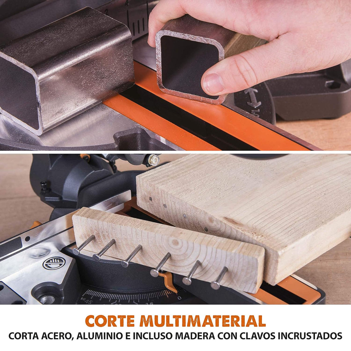 Evolution Power Tools R210SMS+ Ingletadora deslizante multimaterial de 210 mm, con paquete Plus, Corta acero dulce, aluminio, plástico, madera con clavos incrustados, 230 V