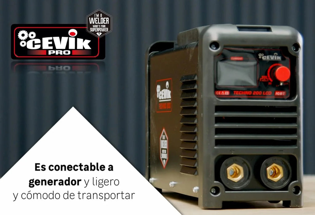 CEVIK PRO CE-TECHNO200LCD - Soldador Inverter MMA con Máscara de Soldadura y Portaelectrodo - 200A 50% 230V-Electrodos hasta 5mm - Pantalla LCD - Conectable a Generador - Máquina de Soldar