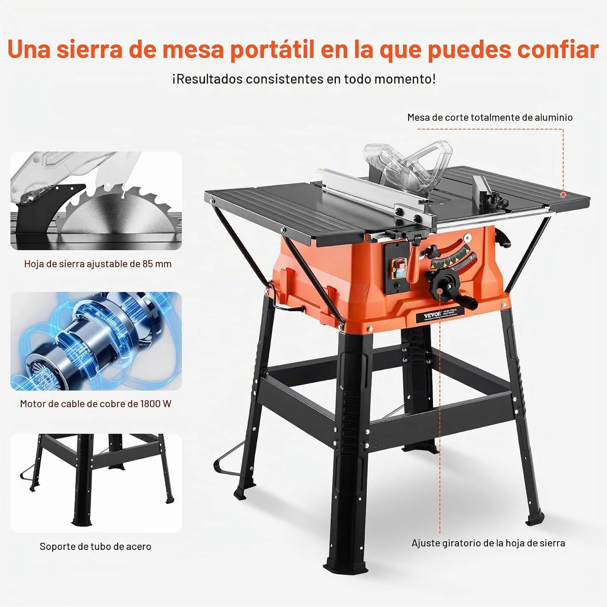 VEVOR Sierra de Mesa de 945 x 850 x 1060 mm con Soporte y Hoja de Sierra de 24 Dientes, Capacidad Máxima de Corte de 200 mm, Velocidad de Corte de 4800 RPM para Carpintería y Fabricación de Muebles