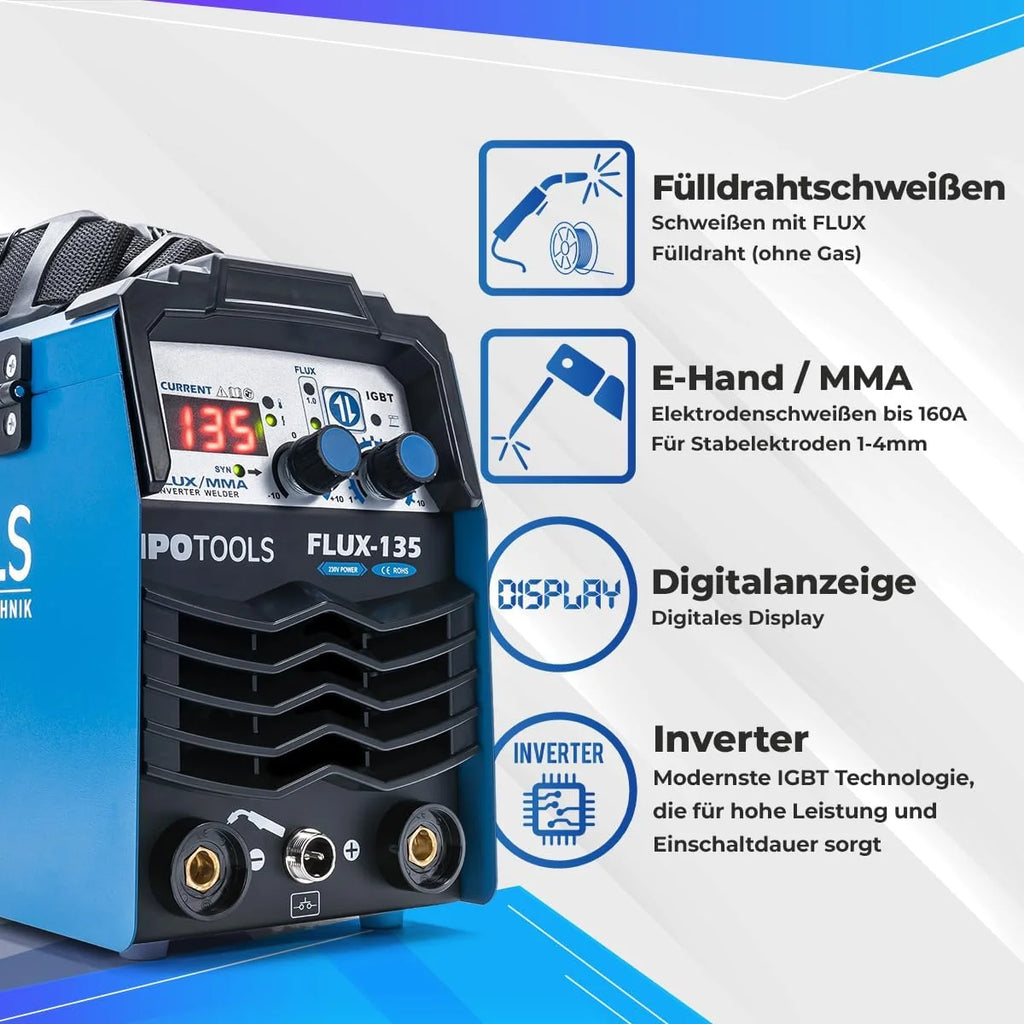 IPOTOOLS FLUX-135 - Estación de soldadura (135 A, FLUX-135 A, estación de soldadura inverter sin gas para estación de soldadura de alambre con relleno de 0,8 mm o 1,0 mm con MMA/IGBT/230 V/7 años de