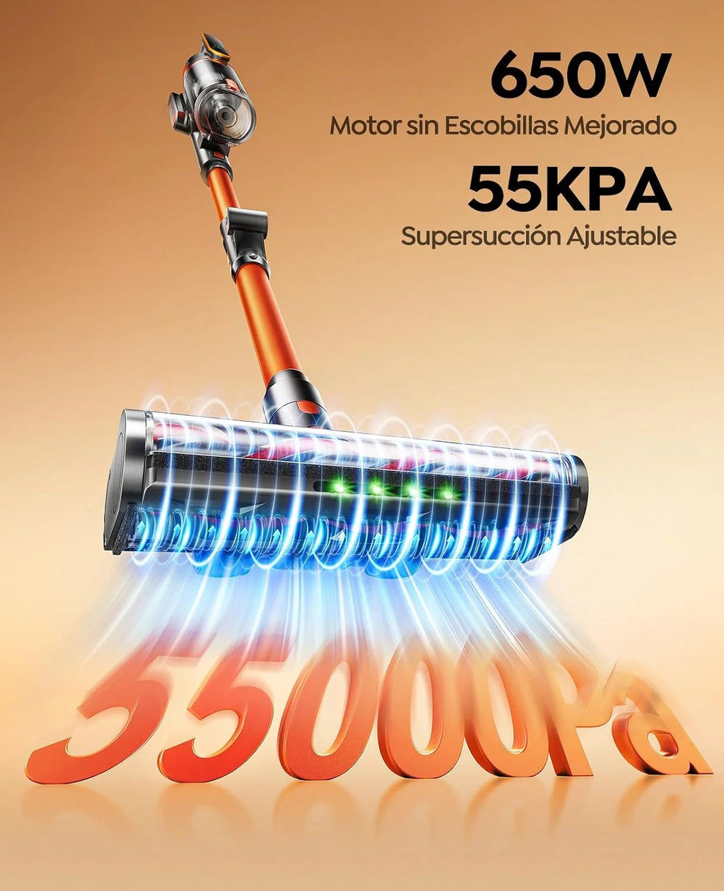 Fieety Aspiradora sin Cable 55KPa/650W/70Min(ECO), Aspiradora Escoba Potente con Brazo Flexible, Manguera 1M, Cepillo Anti-Enredo con Luz, Modo Auto, Aromática, Carga Pared, para Suelos/Alfombras/Pelo
