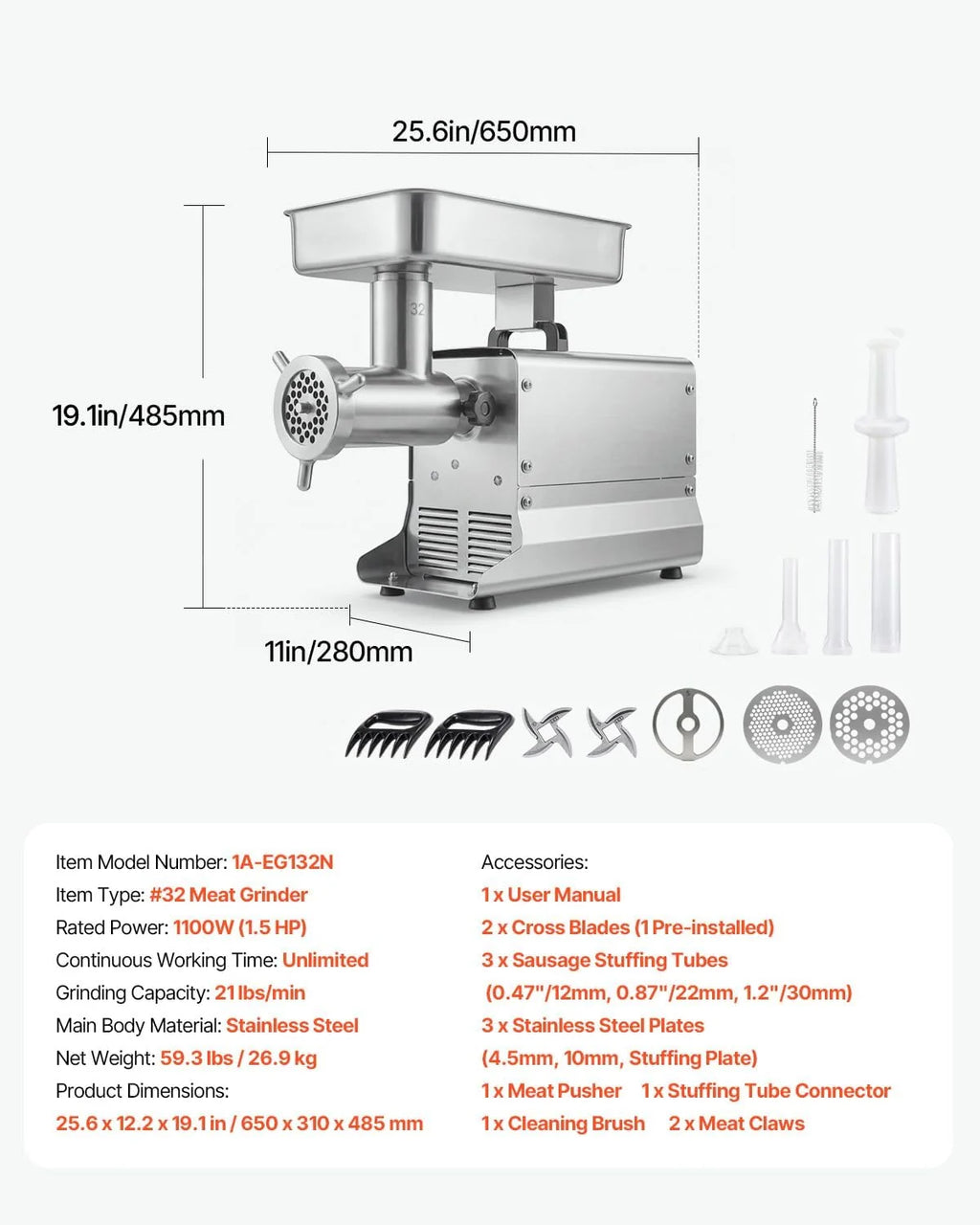 VEVOR Picadora de Carne 1100W 1,5 HP de Acero Inoxidable, Picadora de Carne Eléctrica 9,5 kg/min, con 3 Placas, 3 Tubos de Embutir Salchichas, para Cocinas Domésticas, Restaurantes, Carnicerías