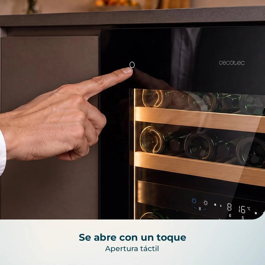 Cecotec Vinoteca Integrable 36 Botellas 60x60cm con Compresor Bolero GrandSommelier Duo 36000 Touch Matt Black Compressor. Apertura con Sensor Táctil, Doble Zona Temperatura, Display, Estantes Madera