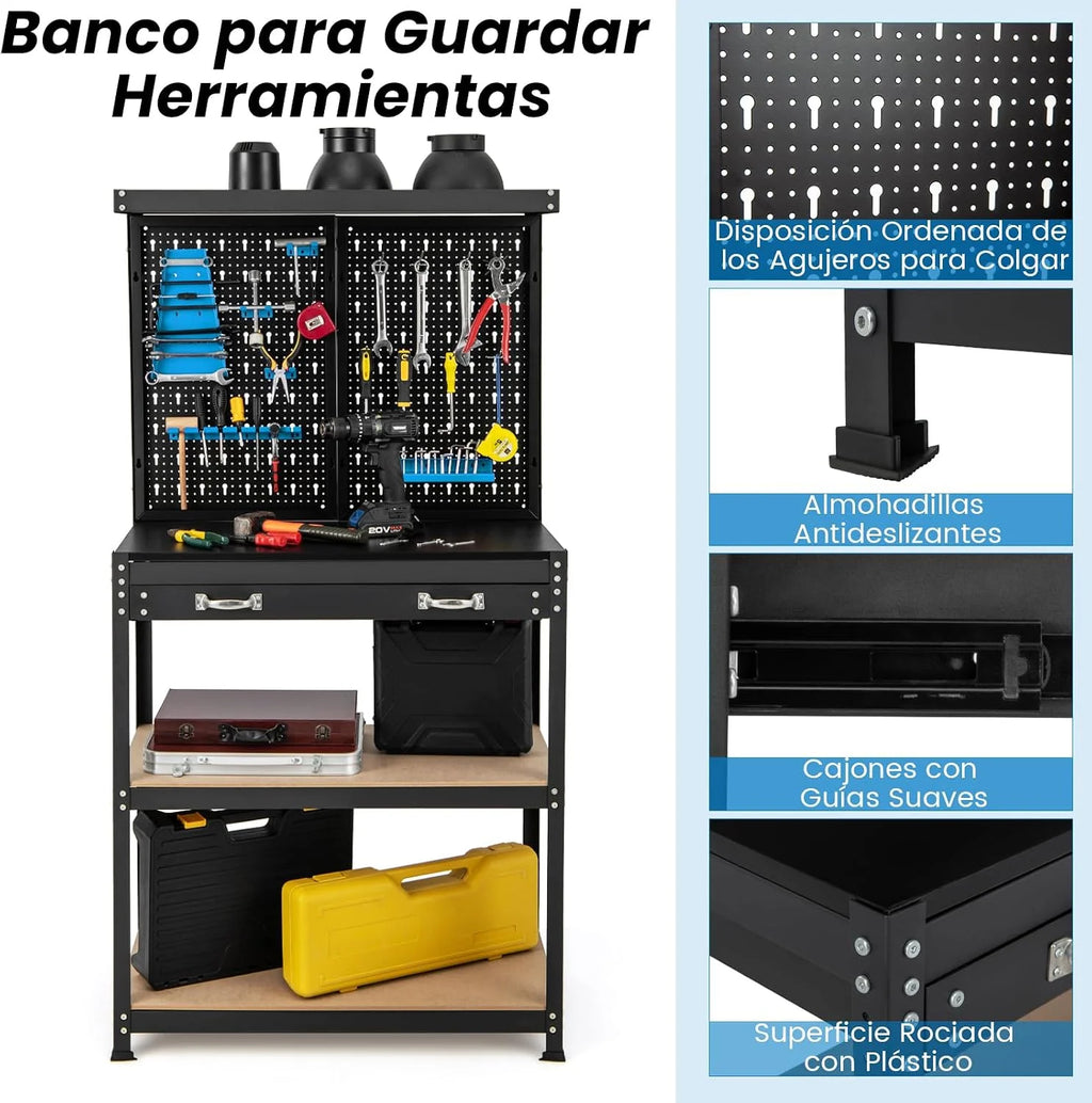COSTWAY Banco de Trabajo con Tablero Perforado, Banco de Trabajo para Almacenamiento de Herramientas con Estantes y Cajones, 14 Accesorios para Colgar, Mesa de Trabajo para Garaje (Negro y Azul)