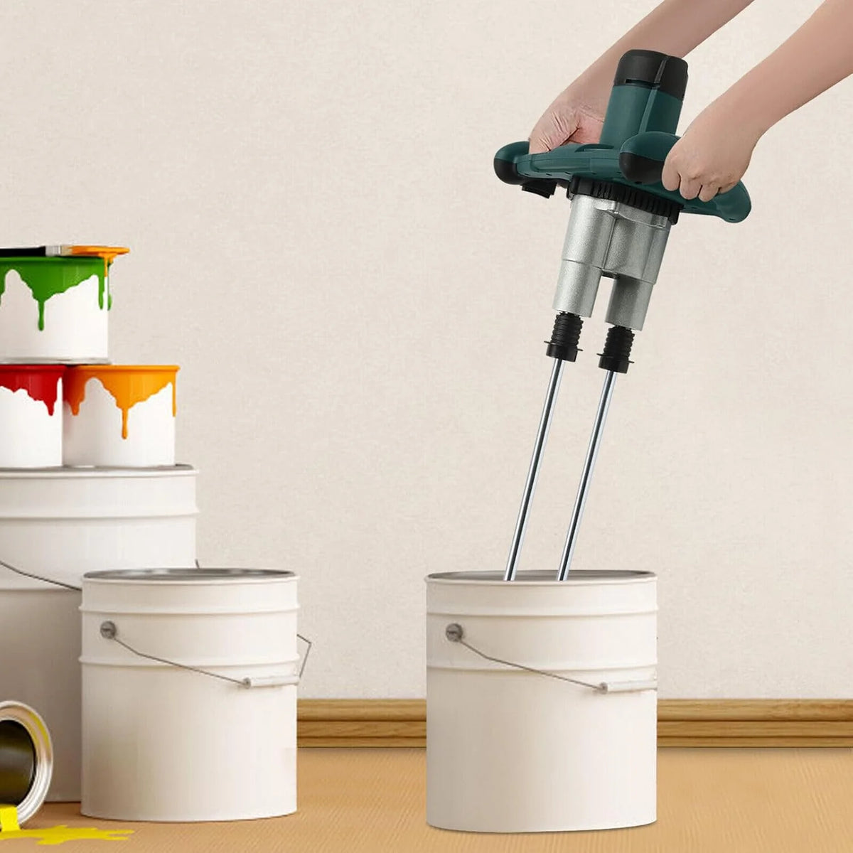 Mezclador de concreto, agitador doble 2800W, agitador variable de 6 velocidades para mortero, mezclador de cemento manual para mezclar pintura, cemento, hormigón, mortero (verde)