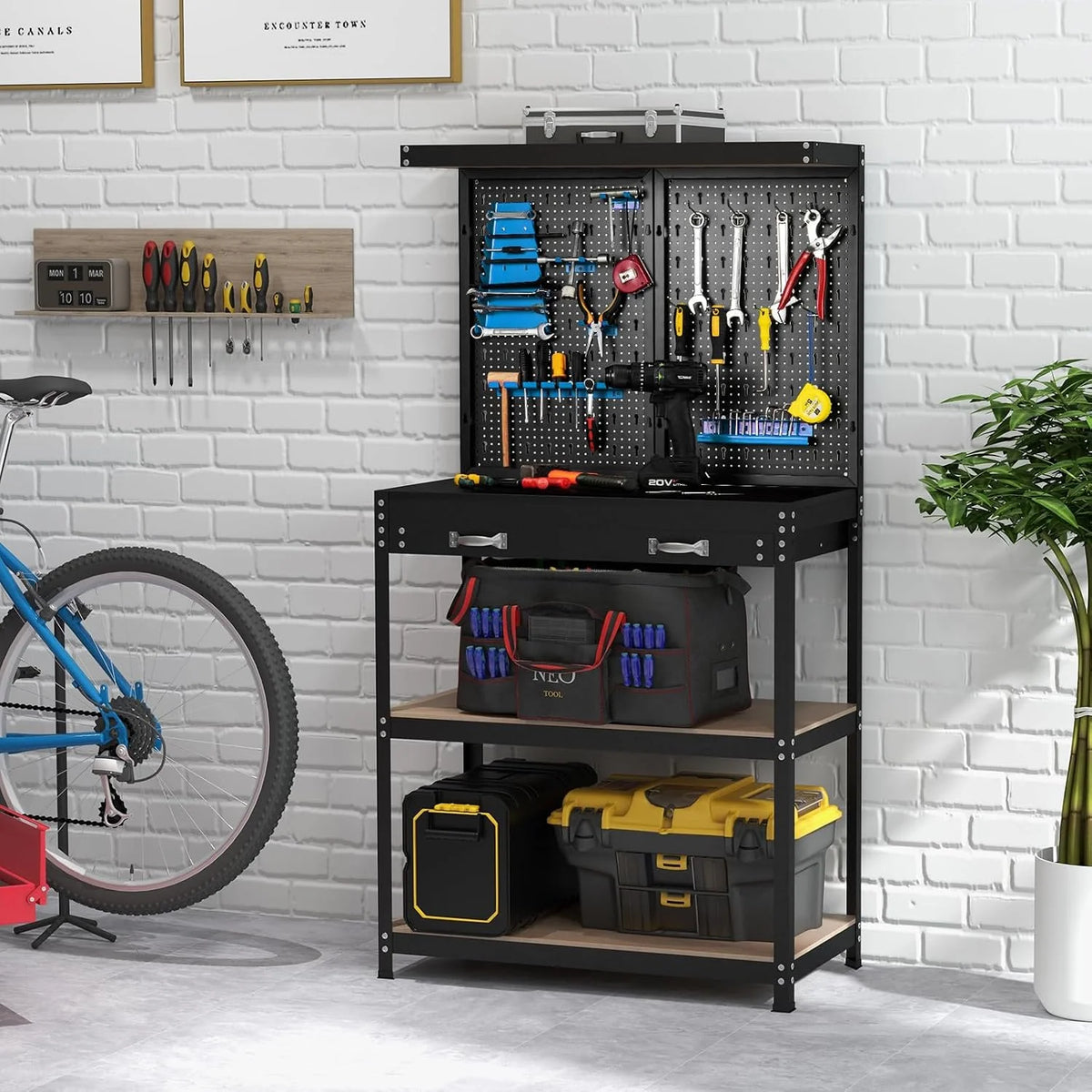 COSTWAY Banco de Trabajo con Tablero Perforado, Banco de Trabajo para Almacenamiento de Herramientas con Estantes y Cajones, 14 Accesorios para Colgar, Mesa de Trabajo para Garaje (Negro y Azul)