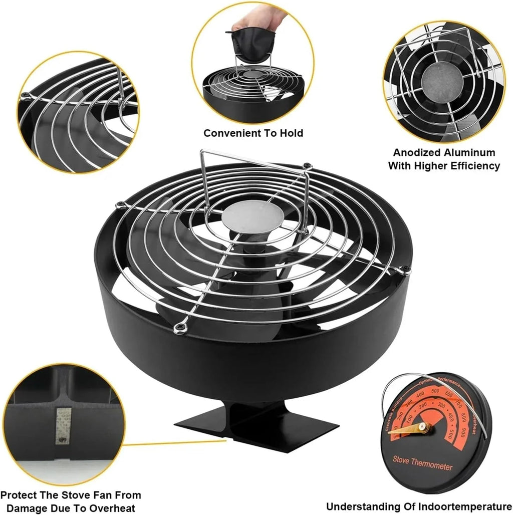 Ventilador de chimenea multifunción 4 aspas, color negro, for leña, ecológico y eficiente, con distribución calor for el hogar