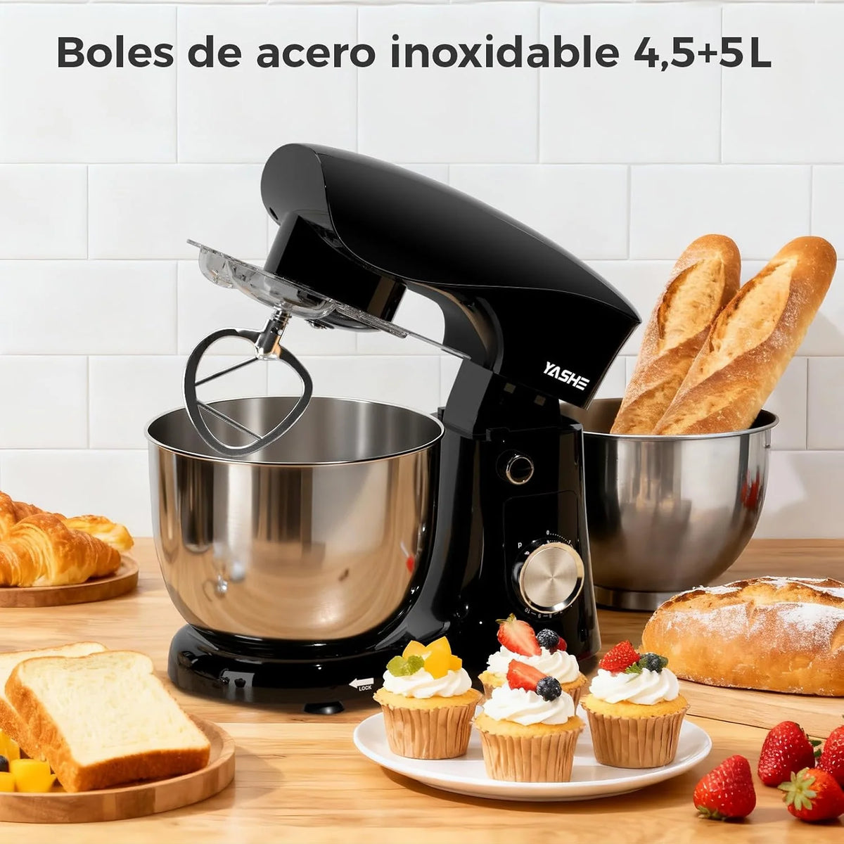 YASHE Batidora Amasadora 1500W, 4,5 + 5L Doble Bol de Acero Inoxidable, 10+P Velocidades, Movimiento Planetario, Cabezal Inclinable, Gancho para Masa, Batidor y Varillas