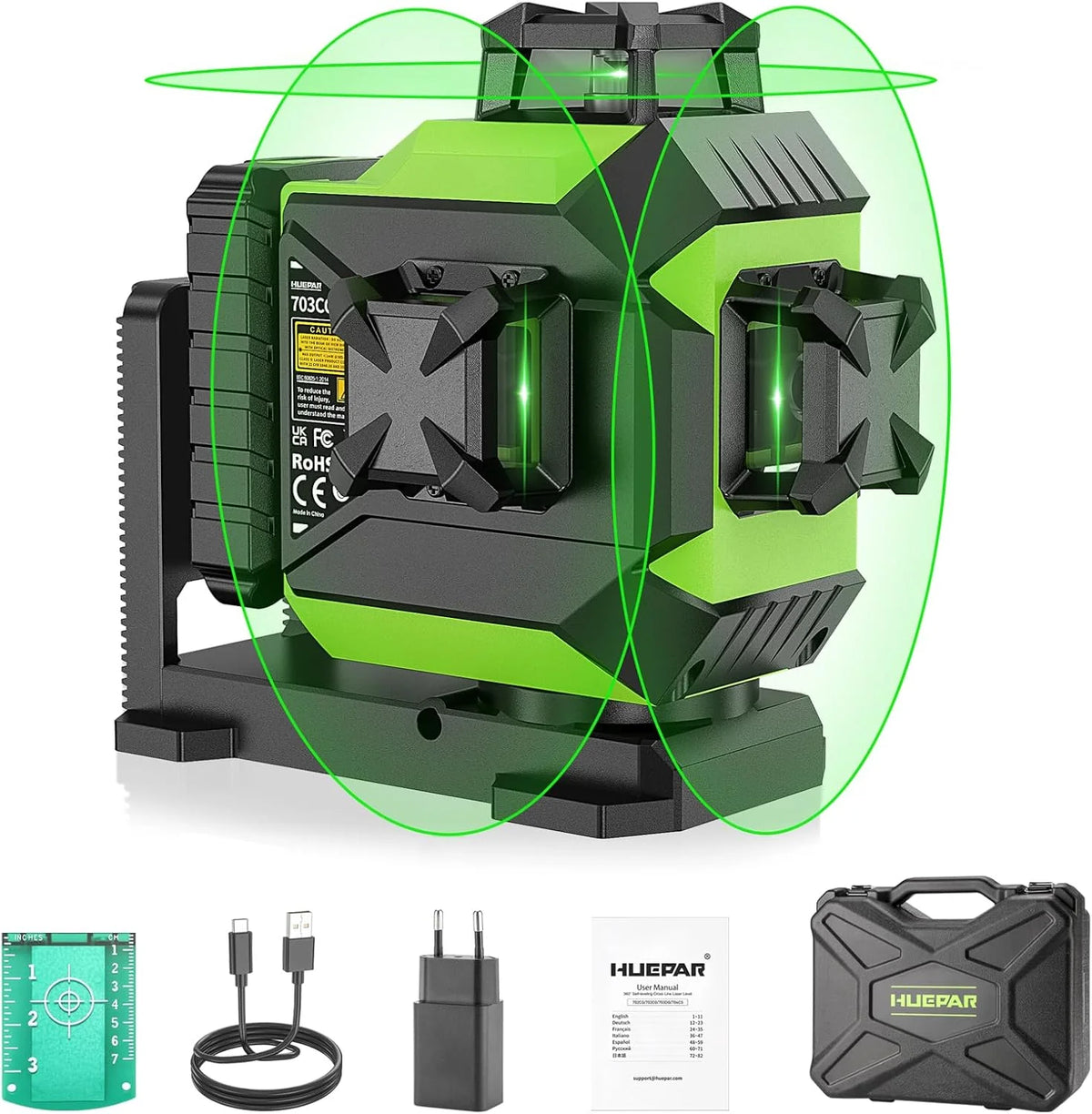 Huepar Nivel Laser Autonivelante 360 grados, 12 Líneas Cruzada con Función de Autonivelación y Pulso, 3D Nivelador Láser 30M, Batería de litio, CableType-C, Base Magnética, Estuche Rígido