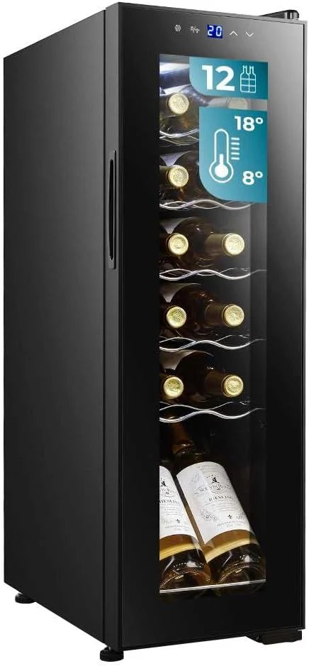 Cecotec Vinoteca Nevera para Vinos 12 Botellas Bolero GrandSommelier 1250 CoolCrystal Compressor. Libre Instalación, Temperatura Ajustable de 8-18ºC, Panel Táctil, LED