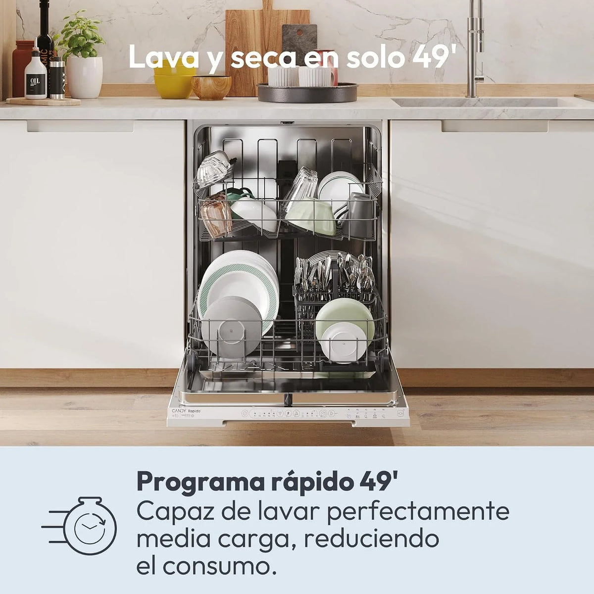 Candy Rapidò CI 3E53E0W, Lavavajillas Integrable 60 CM, 13 Servicios, Digital, 53 Dba, 5 Programas, Motor Inverter, Indicador Fin de Ciclo, Inicio Diferido 3-6-9 horas