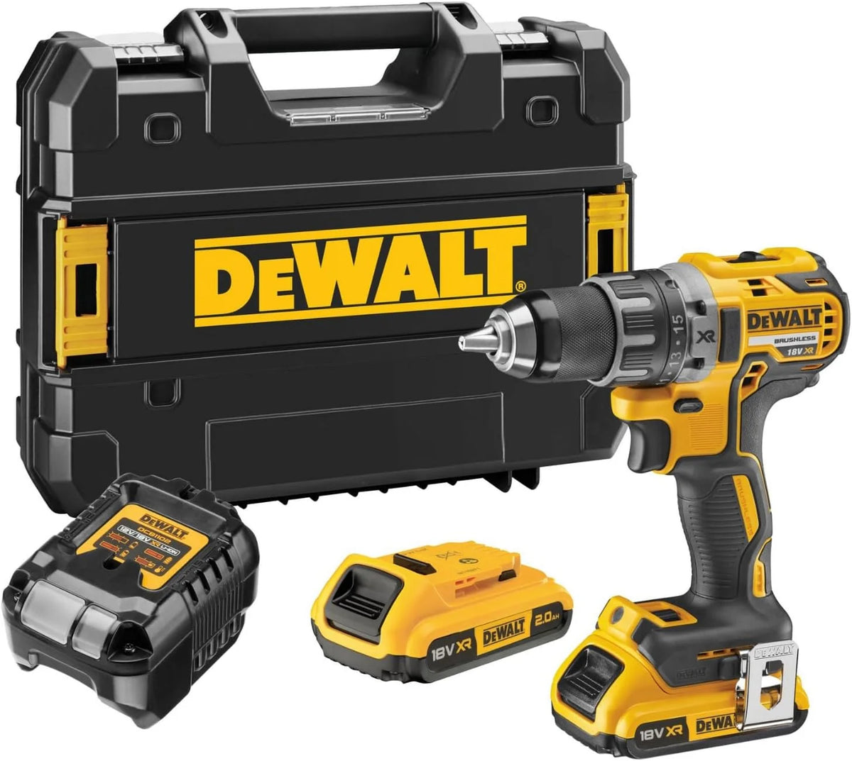 DEWALT XR 18V Taladro Atornillador Sin Escobillas, Ultraligero y Compacto, 2x Baterías 2Ah y Cargador, 70Nm, Luz LED, Maletín Resistente, Herramienta Profesional – DCD791D2-QW