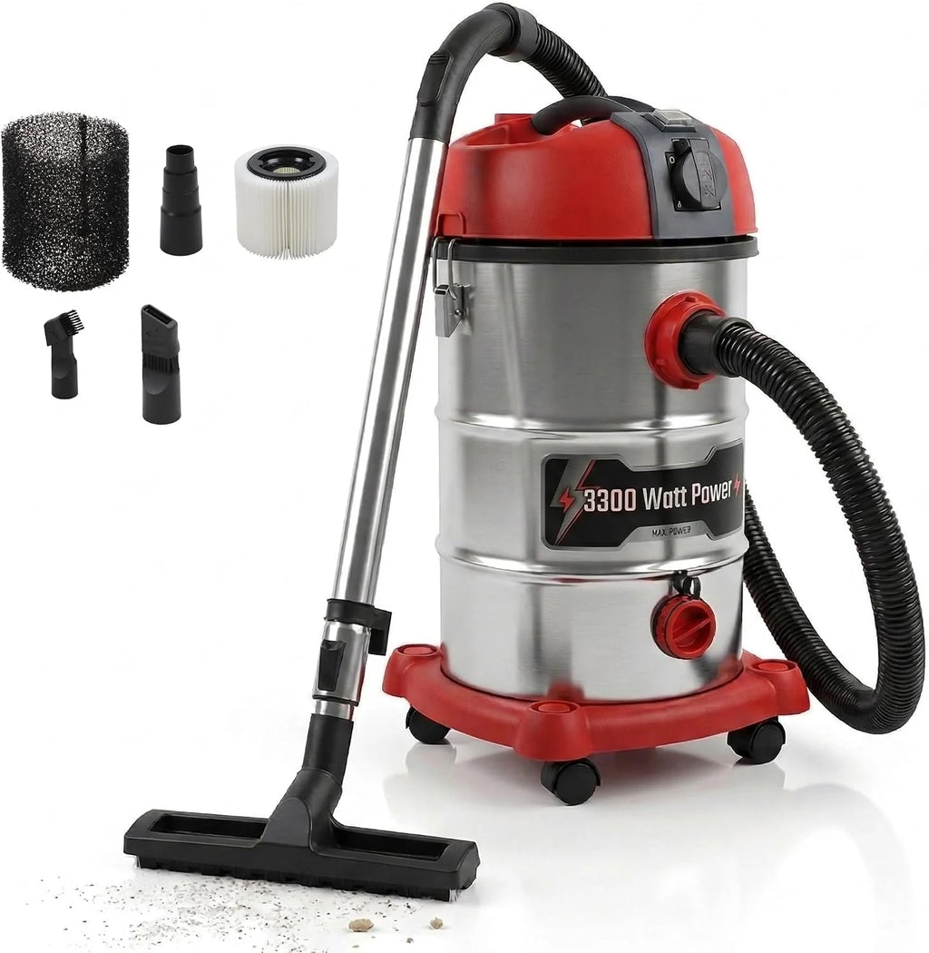 STAHLMANN VAC3300 - Aspiradora industrial en seco (depósito 30 L, enchufe integrado, 3300 W, con y sin bolsa, función de soplado, conexión a máquina, dispositivo profesional