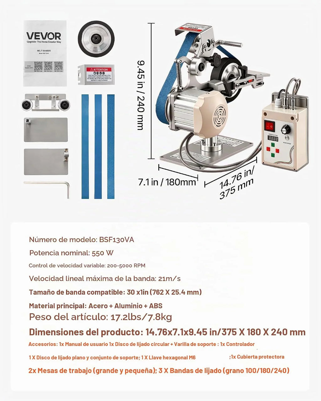 VEVOR Lijadora de Banda de 550 W con VFD Velocidad Variable 200 a 5000 RPM, 21 m/s Motor sin Escobillas, Amoladora de Lijado 762 x 25,4 mm, 2 Modos, 3 Bandas para Metal Madera Cuchillos Acero Taller