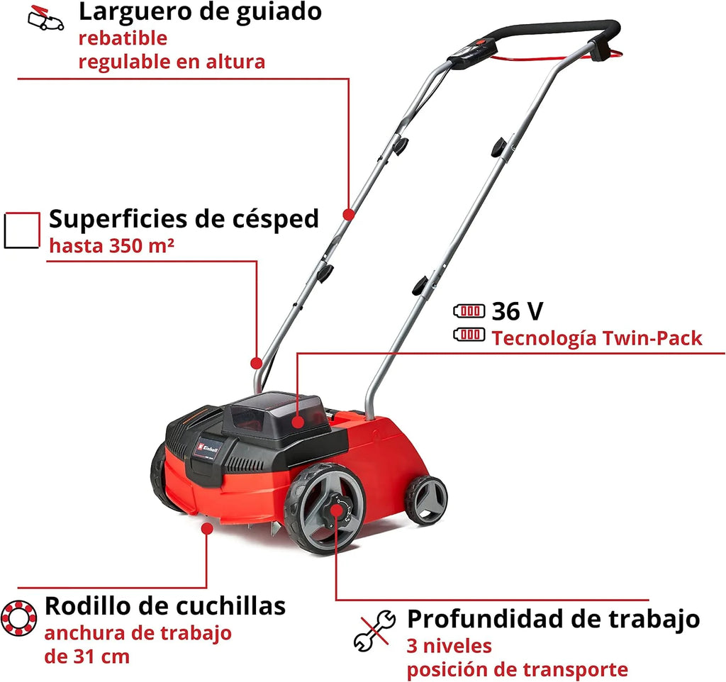 Einhell Escarificador/aireador inalámbrico - GC-SC 36/31 Li PXC. Combinada 3 en 1, motor de bobinado en serie, unidad de corte con rodamiento de bolas, suministrada sin batería y cargador
